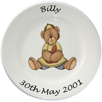 Childs personalised plate - boys sitting teddy