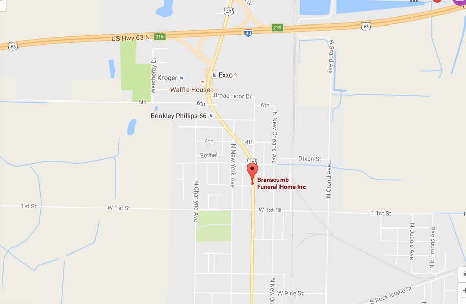 Map of Brinkley, Arkansas with Branscumb Funeral Home