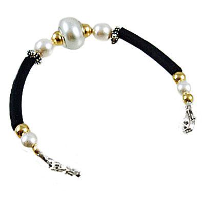 Black tubing, white pearls, silver, gold interchangeable medical alert bracelet - no tag