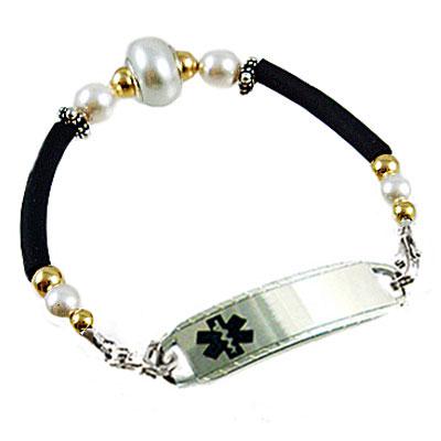 Pearl Magic medical alert bracelet, black tubing, pearls, silver, gold, free custom engraving