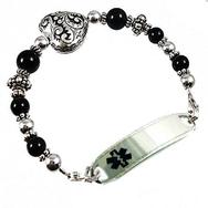 Romancing the Stone medical bracelet with onyx or turquoise, silver filigree puff heart free engrave