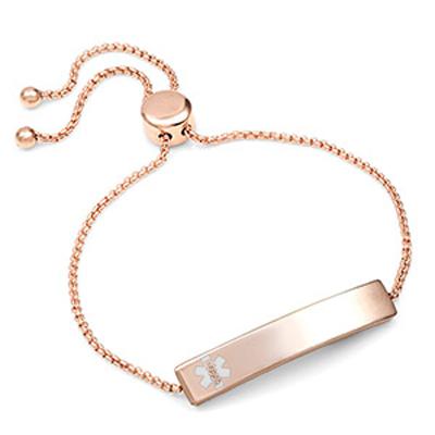 Rose gold plated ladies slide on medical id bracelet adjustable box chain