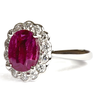 white gold and fine diamonds hold two carat unheated african oval ruby