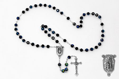 Black Crystal Rosary Beads with Lourdes Water.