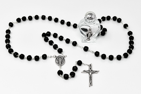 Lourdes Black Glass Rosary Beads.