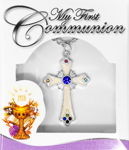 First Communion Cross Necklace with Stones.