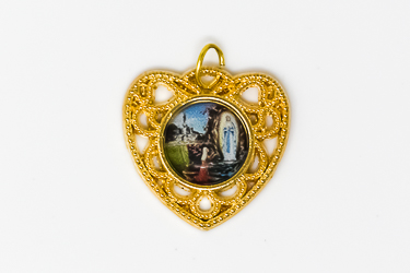 Colourful Gold Lourdes Apparitions Heart Medal.