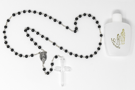 Hematite Lourdes Water Rosary Beads.