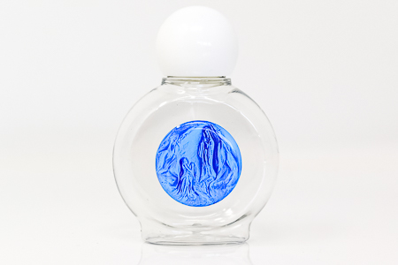 Round Lourdes Plastic Blue Holy Water Bottle 