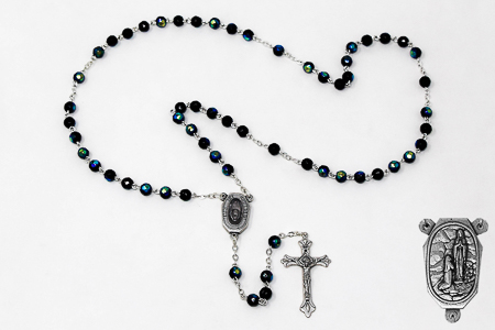 Lourdes Water Black Crystal Rosary Beads.