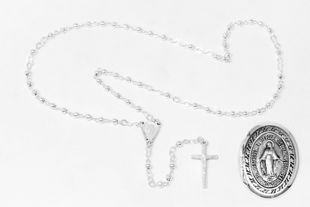 Miraculous Medal Rosary Box & Rosary Beads.