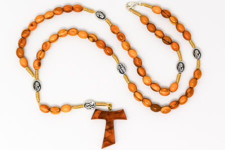 Olive Rosary Necklace with Tau Cross.