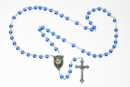 Our Lady of Knock Blue Glass Rosary.