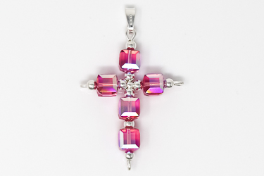 Pink Swarovski Silver Cross Crystal Pendant.
