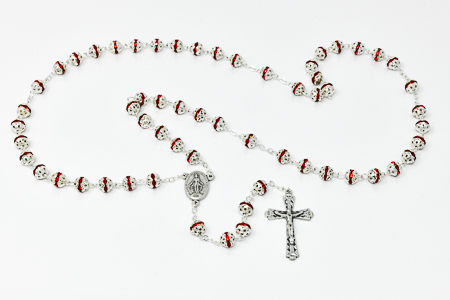 Red Alpaca Silver Engraved Rosary Beads.