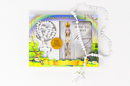 Rosary Booklet & White Wooden Rosary.