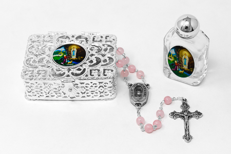 Rose Quartz Lourdes Water Rosary Gift Set