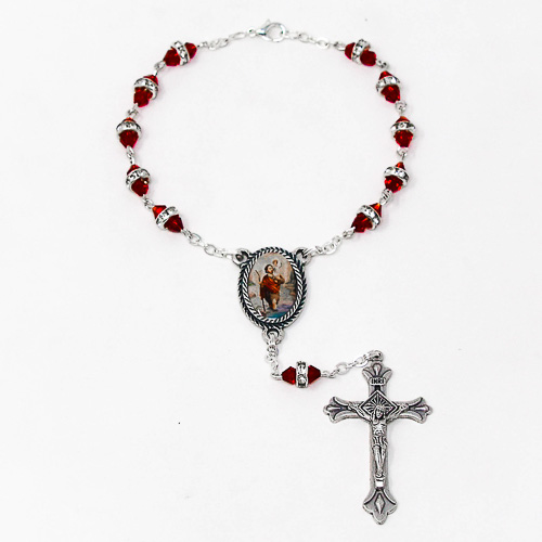 DIRECT FROM LOURDES - St Christopher Single Decade Red Glass Car Rosary.