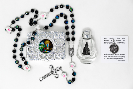 Virgin Mary Water Pendant & Rose Rosary Gift Set.