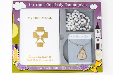 FIRST HOLY COMMUNION Catholic Gifts Missal Book Rosette & Communion Rosary Beads 