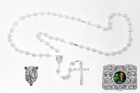 Silver Rosary Beads & Box .