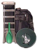 Sluice Fox Backpack Gold Prospecting Kit with classifier: Two Spiral Gold Pans, Plastic Gold Shovel or Pay Dirt Scoop and Black Sand Gold Separator M